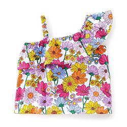 Babyhug 100% Cotton Sleeveless One Shoulder Top & Denim Shorts Floral Print - Purple & Blue