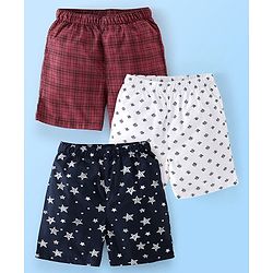 Babyhug Cotton Woven Knee Length Boxers Checks & Star Print Pack of 3 - Maroon White & Black
