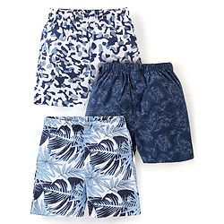 Babyhug Cotton Woven Boxers Camo & Leaf Print Pack Of 3- Blue & White