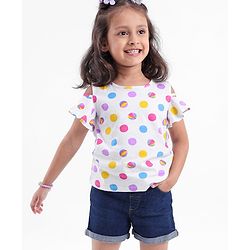 Babyhug 100% Cotton Sleeveless Cold Shoulder Top & Denim Shorts Ball Print - White & Blue