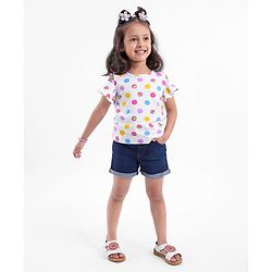 Babyhug 100% Cotton Sleeveless Cold Shoulder Top & Denim Shorts Ball Print - White & Blue