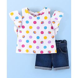 Babyhug 100% Cotton Sleeveless Cold Shoulder Top & Denim Shorts Ball Print - White & Blue