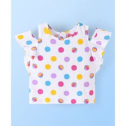 Babyhug 100% Cotton Sleeveless Cold Shoulder Top & Denim Shorts Ball Print - White & Blue