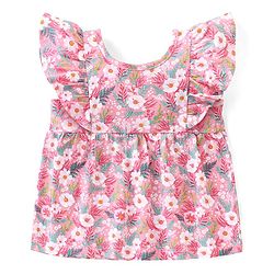 Babyhug 100% Cotton Knit Sleeveless Top and Denim Shorts Set Floral Print - Pink & Blue