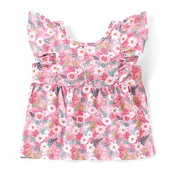 Babyhug 100% Cotton Knit Sleeveless Top and Denim Shorts Set Floral Print - Pink & Blue