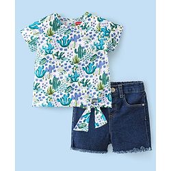 Babyhug 100% Cotton Knit Half Sleeves Top and Denim Shorts Set Floral Print - White & Blue