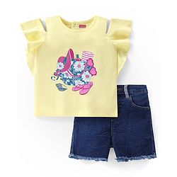 Babyhug 100% Cotton Knit Sleeveless Top and Denim Shorts Set Floral Print - Yellow & Blue
