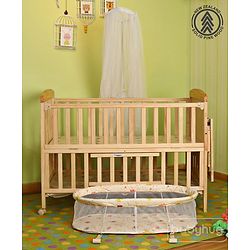 Babyhug Kelly Wooden Cot with Detachable Bassinet & Mosquito Net  Natural| Adjustable Height| Wheels for Easy Movement| Easy to Assemble| Foldable Side Rail| Foldable Table|  Storage Space