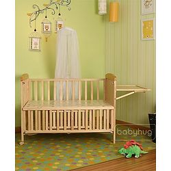 Babyhug Kelly Wooden Cot with Detachable Bassinet & Mosquito Net  Natural| Adjustable Height| Wheels for Easy Movement| Easy to Assemble| Foldable Side Rail| Foldable Table|  Storage Space