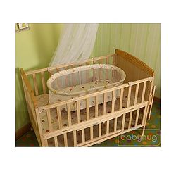 Babyhug Kelly Wooden Cot with Detachable Bassinet & Mosquito Net  Natural| Adjustable Height| Wheels for Easy Movement| Easy to Assemble| Foldable Side Rail| Foldable Table|  Storage Space
