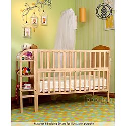 Babyhug Lily Wooden Cot with Detachable Bassinet & Side Shelf Light Brown/ Natural | Adjustable Height| Wheels for Easy Movement|Easy to Assemble| Mosquito Net|Foldable Side Rail|Extendable Head Board