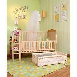 Babyhug Lily Wooden Cot with Detachable Bassinet & Side Shelf - Light Brown| Adjustable Height| Wheels for Easy Movement| Easy to Assemble| Mosquito Net| Foldable Side Rail|Extendable Head Board
