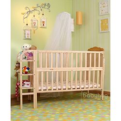 Babyhug Lily Wooden Cot with Detachable Bassinet & Side Shelf Light Brown/ Natural | Adjustable Height| Wheels for Easy Movement|Easy to Assemble| Mosquito Net|Foldable Side Rail|Extendable Head Board