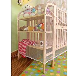 Babyhug Lily Wooden Cot with Detachable Bassinet & Side Shelf - Light Brown| Adjustable Height| Wheels for Easy Movement| Easy to Assemble| Mosquito Net| Foldable Side Rail|Extendable Head Board