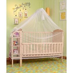 Babyhug Lily Wooden Cot with Detachable Bassinet & Side Shelf - Light Brown| Adjustable Height| Wheels for Easy Movement| Easy to Assemble| Mosquito Net| Foldable Side Rail|Extendable Head Board