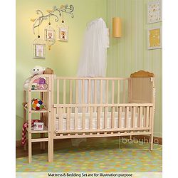 Babyhug Lily Wooden Cot with Detachable Bassinet & Side Shelf - Light Brown| Adjustable Height| Wheels for Easy Movement| Easy to Assemble| Mosquito Net| Foldable Side Rail|Extendable Head Board