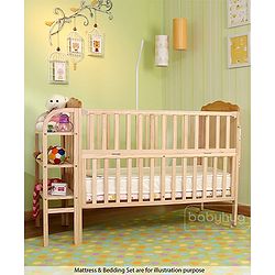 Babyhug Lily Wooden Cot with Detachable Bassinet & Side Shelf Light Brown/ Natural | Adjustable Height| Wheels for Easy Movement|Easy to Assemble| Mosquito Net|Foldable Side Rail|Extendable Head Board