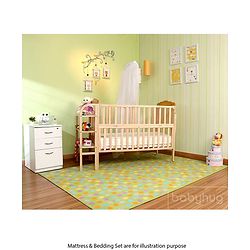 Babyhug Lily Wooden Cot with Detachable Bassinet & Side Shelf Light Brown/ Natural | Adjustable Height| Wheels for Easy Movement|Easy to Assemble| Mosquito Net|Foldable Side Rail|Extendable Head Board