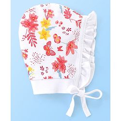 Babyhug 100% Cotton Tie Knot Caps Polka Dots & Butterfly Printed - White & Pink