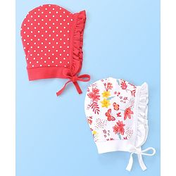 Babyhug 100% Cotton Tie Knot Caps Polka Dots & Butterfly Printed - White & Pink