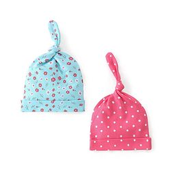 Babyhug 100% Cotton Knit Caps Floral & Polka Dot Print Pack of 2 Blue - Blue & Pink