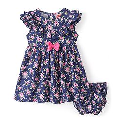 Babyhug 100% Cotton Knit Sleeveless Frock & Bloomer With Floral Print - Navy Blue