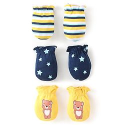 Babyhug 100% Cotton Knit Stars & Teddy Printed Mittens Pack of 3 - Yellow & Blue