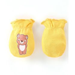 Babyhug 100% Cotton Knit Stars & Teddy Printed Mittens Pack of 3 - Yellow & Blue