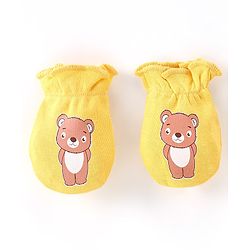 Babyhug 100% Cotton Knit Stars & Teddy Printed Mittens Pack of 3 - Yellow & Blue