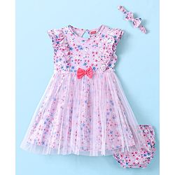 Babyhug 100% Cotton Knit Frill Sleeves Floral Printed Frock with Bloomer & Headband - Lilac