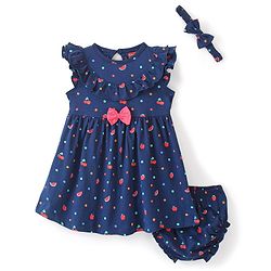 Babyhug 100% Cotton Knitted Frill Sleeves Frock With Bloomer & Headband Strawberry Printed - Navy