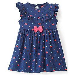 Babyhug 100% Cotton Knitted Frill Sleeves Frock With Bloomer & Headband Strawberry Printed - Navy