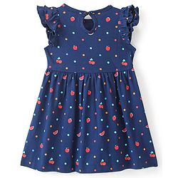 Babyhug 100% Cotton Knitted Frill Sleeves Frock With Bloomer & Headband Strawberry Printed - Navy