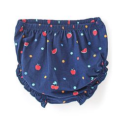 Babyhug 100% Cotton Knitted Frill Sleeves Frock With Bloomer & Headband Strawberry Printed - Navy