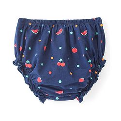 Babyhug 100% Cotton Knitted Frill Sleeves Frock With Bloomer & Headband Strawberry Printed - Navy