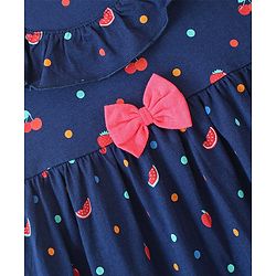 Babyhug 100% Cotton Knitted Frill Sleeves Frock With Bloomer & Headband Strawberry Printed - Navy