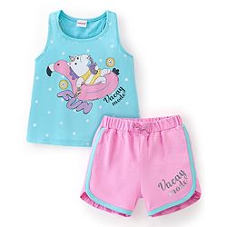 Babyhug 100% Cotton Sleeveless Top and Shorts Set Vacay Print - Blue & Pink