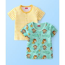 Babyhug 100% Cotton Knit Half Sleeves Front Open Jhablas Stripes & Lion Print Pack of 2 - Yellow & Green