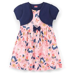 Babyhug 100% Cotton Knit Half Sleeves Frock with Floral Print - Pink & Navy Blue