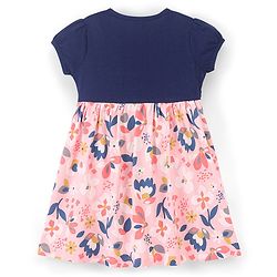 Babyhug 100% Cotton Knit Half Sleeves Frock with Floral Print - Pink & Navy Blue