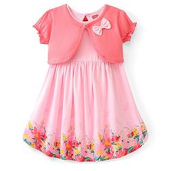 Babyhug 100% Cotton Knitted Frock With Half Sleeves Shrug & Bow Floral Print - Pink