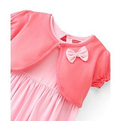 Babyhug 100% Cotton Knitted Frock With Half Sleeves Shrug & Bow Floral Print - Pink