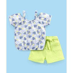 Babyhug 100% Cotton Knit Half Sleeves Singlet Top & Shorts Set with Fabric Belt Butterfly Print - White Blue & Green