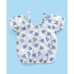 Babyhug 100% Cotton Knit Half Sleeves Singlet Top & Shorts Set with Fabric Belt Butterfly Print - White Blue & Green