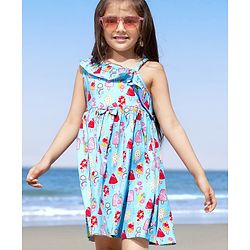 Babyhug 100% Cotton Knit One Shoulder Sleeve Frock With Ice Cream Print - Blue