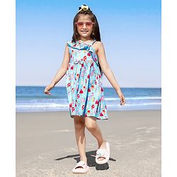 Babyhug 100% Cotton Knit One Shoulder Sleeve Frock With Ice Cream Print - Blue
