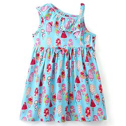 Babyhug 100% Cotton Knit One Shoulder Sleeve Frock With Ice Cream Print - Blue