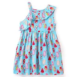 Babyhug 100% Cotton Knit One Shoulder Sleeve Frock With Ice Cream Print - Blue