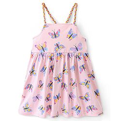 Babyhug 100% Cotton Knit Singlet Sleeves Butterfly Print Frock - Pink