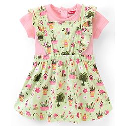 Babyhug 100% Cotton Knitted Floral Printed Frock with Half Sleeves Inner Tee - Green